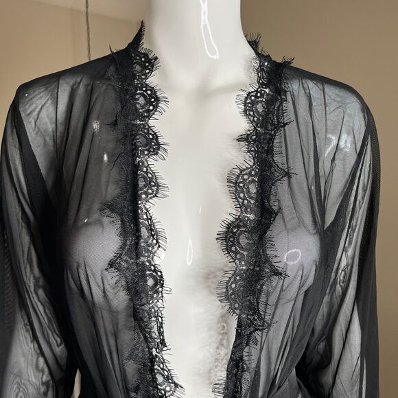 Sexy Romantic Sheer Black Lace Robe G String Thong Women's Size L #680 - Picture 4 of 12